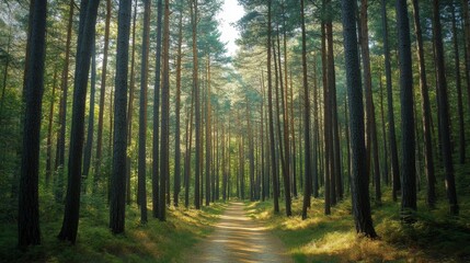 Obraz premium A perspective view of a dense forest, with tall pine trees lining both sides of a narrow dirt trail. The sunlight filters through the trees, creating a serene and peaceful atmosphere