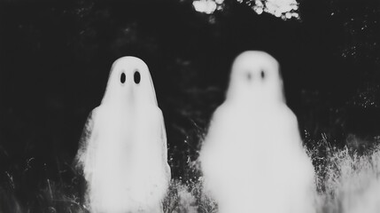 gloomy halloween black and white photo of blurry, smudged ghost shapes