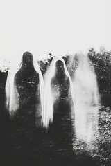 Obraz premium gloomy halloween black and white photo of blurry, smudged ghost shapes