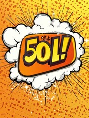 Comic lettering: 50 percent off promotion SALE in the speech bubble comic style
