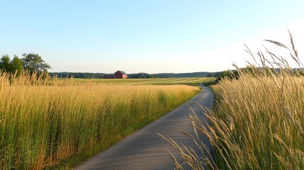 A perspective view of a rural countryside road, with fields of tall grass on either side and a red barn in the distance. The sky is clear and blue, with a soft breeze swaying the grass