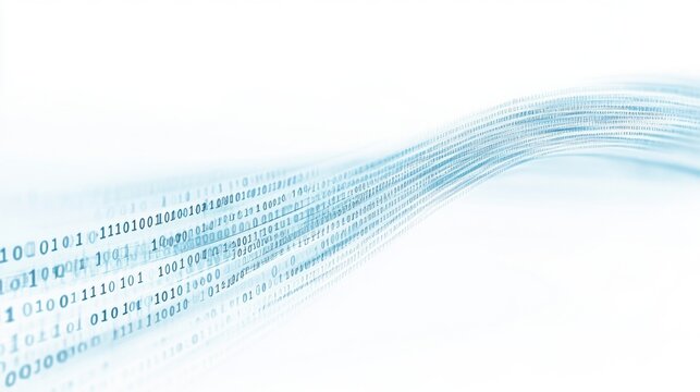 binary code flowing horizontally across a clean, white background
