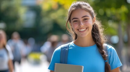 Fototapeta premium Happy student smiling while holding a notebook on campus during daytime