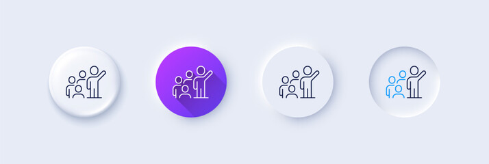 Leadership line icon. Neumorphic, Purple gradient, 3d pin buttons. Group of people sign. Business skill symbol. Line icons. Neumorphic buttons with outline signs. Vector