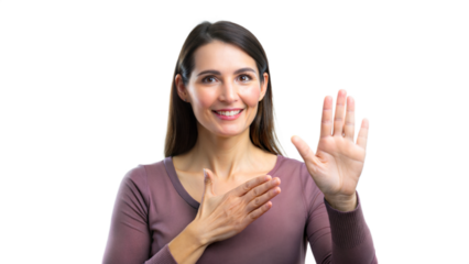 Smiling woman using sign language to communicate, representing inclusivity.