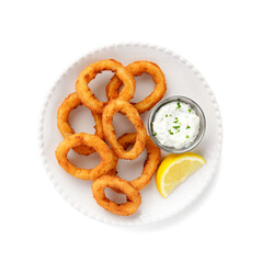 Delicious crispy fried calamari rings with white sauce and lemon slice. isolated on white background, top view