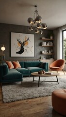 Modern interior design room 3D illustration.