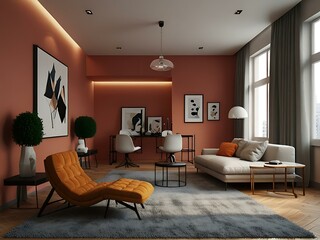 Modern interior room design in 3D illustration.