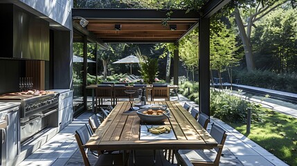 Amazing table design and an open grill in this stylish outdoor dining space
