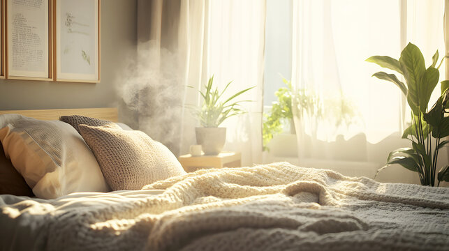 cozy bedroom with fluffy pillows and a warm throw blanket, with the subtle fragrance of a freshly sprayed air