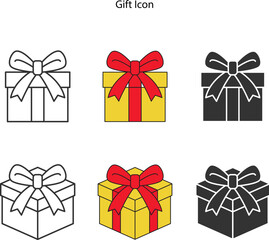gift icon set on white background with different style such as outline, color ,and glyph style.