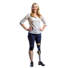 Woman with a prosthetic leg standing confidently, symbolizing strength and mobility.