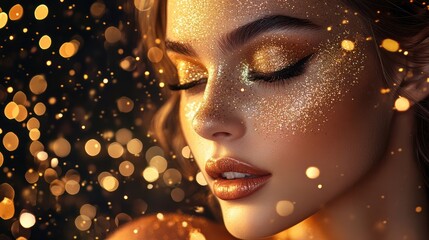 Gorgeous lady with gold makeup on black glitter background. Sparkling Black Friday look.
