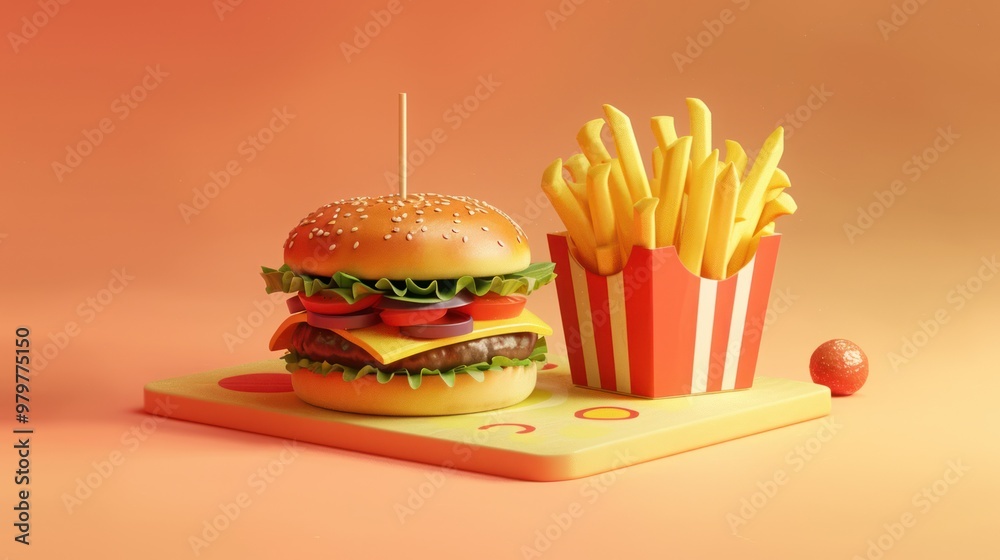 Wall mural 3D Rendered Hamburger and Fries