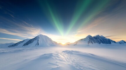 Aurora over icy wilderness, South Pole radiance.