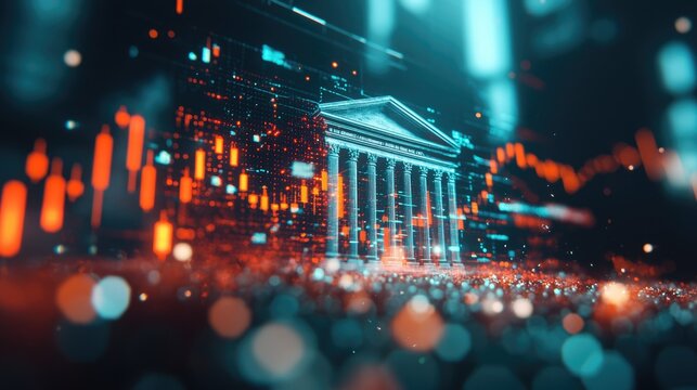 A bank surrounded by collapsing stock charts, symbolizing monetary recession