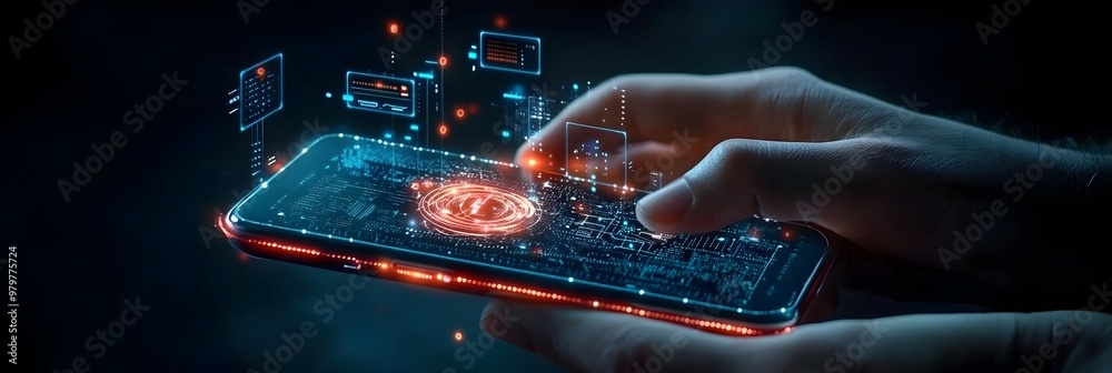 Poster Hands Using Innovative Smartphone App Interface with Modern Digital Display