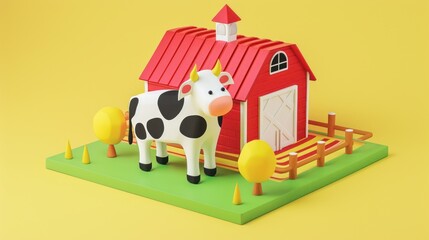 Fototapeta premium Cute Cartoon Cow with Barn