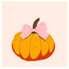 Charming autumn illustration with a bow and a pumpkin. The concept of an autumn Halloween illustration. Autumn, Thhanksgiving. Cute autumn greeting card. Illustration ad, poster, sticker