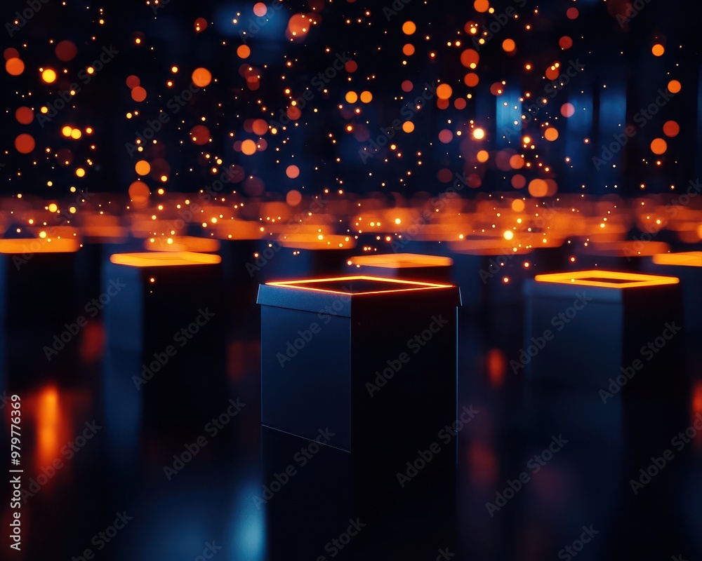 Aufkleber A captivating scene of glowing cubes surrounded by shimmering particles, creating a mesmerizing and dynamic atmosphere.