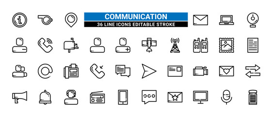 36 Communication Line Icons Set Pack Editable Stroke Vector Illustration.