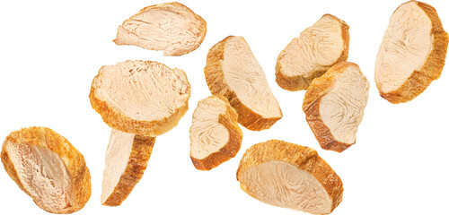 Smoked chicken breast slices isolated on white background © xamtiw