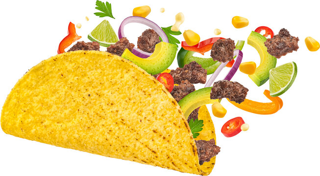Mexican taco with falling beef meat and vegetables isolated on white background
