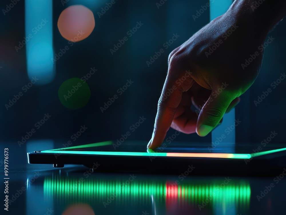 Leinwandbilder a close-up of a hand interacting with a glowing tablet screen, showcasing modern technology and user