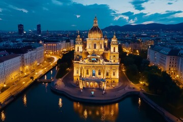 Obraz premium Aerial timelapse of Vienna at night, with the cityâ€™s grand architecture illuminated against the dark sky