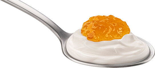 Spoon of yogurt with peach jam isolated