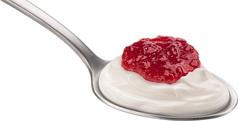 Spoon of yogurt with berry jam isolated on white background
