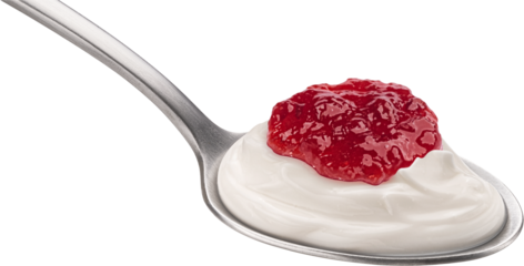 Spoon of yogurt with berry jam isolated on white background