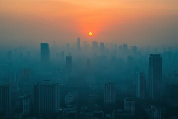 Fototapeta premium A captivating sunset over a hazy cityscape, showcasing silhouettes of skyscrapers against the glowing horizon.