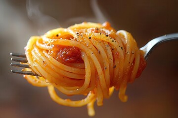artfully twirled spaghetti on fork rich tomato sauce dripping steam rising rustic wooden table background warm lighting italian cuisine still life