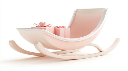 A pink sleigh with a white frame and pink and white gifts inside