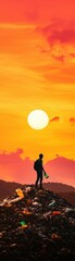 Obraz premium A solitary figure stands on a hillside, gazing at a vibrant sunset over a landscape of waste, reflecting on environmental impact.