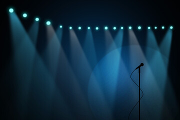 The concert stage theater with flood lights and abstract empty floor showcase spotlights on stage background.
