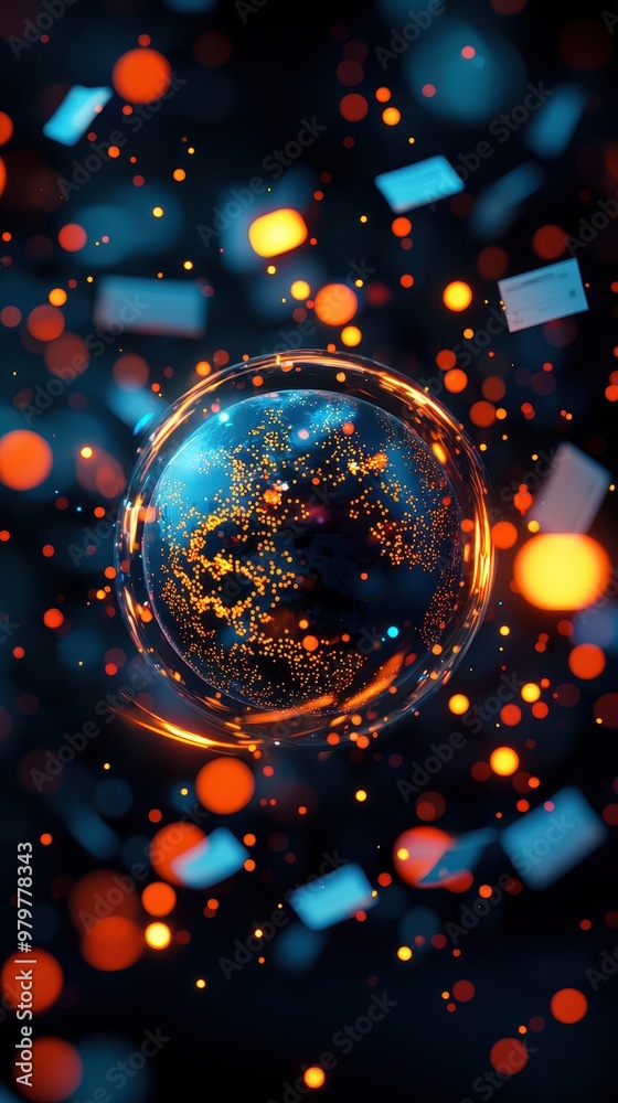 Aufkleber a vibrant cosmic sphere encircled by colorful particles, showcasing a mesmerizing blend of light and