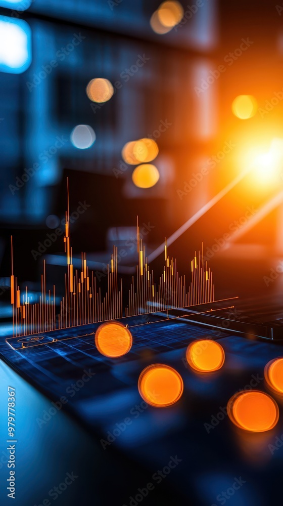 Poster a vibrant depiction of data visualization, featuring glowing charts and a warm light effect, symboli