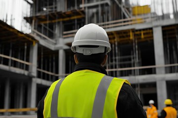 A construction worker in safety gear observes a building site in progress, showcasing teamwork and construction industry efforts.