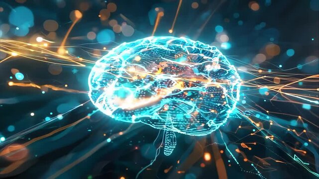 A digital representation of a brain with glowing neural connections and particles, symbolizing neural activity and technology.