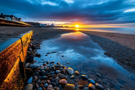 Blackpool's peaceful early morning sunrise over the beach, with soft light reflecting off the water