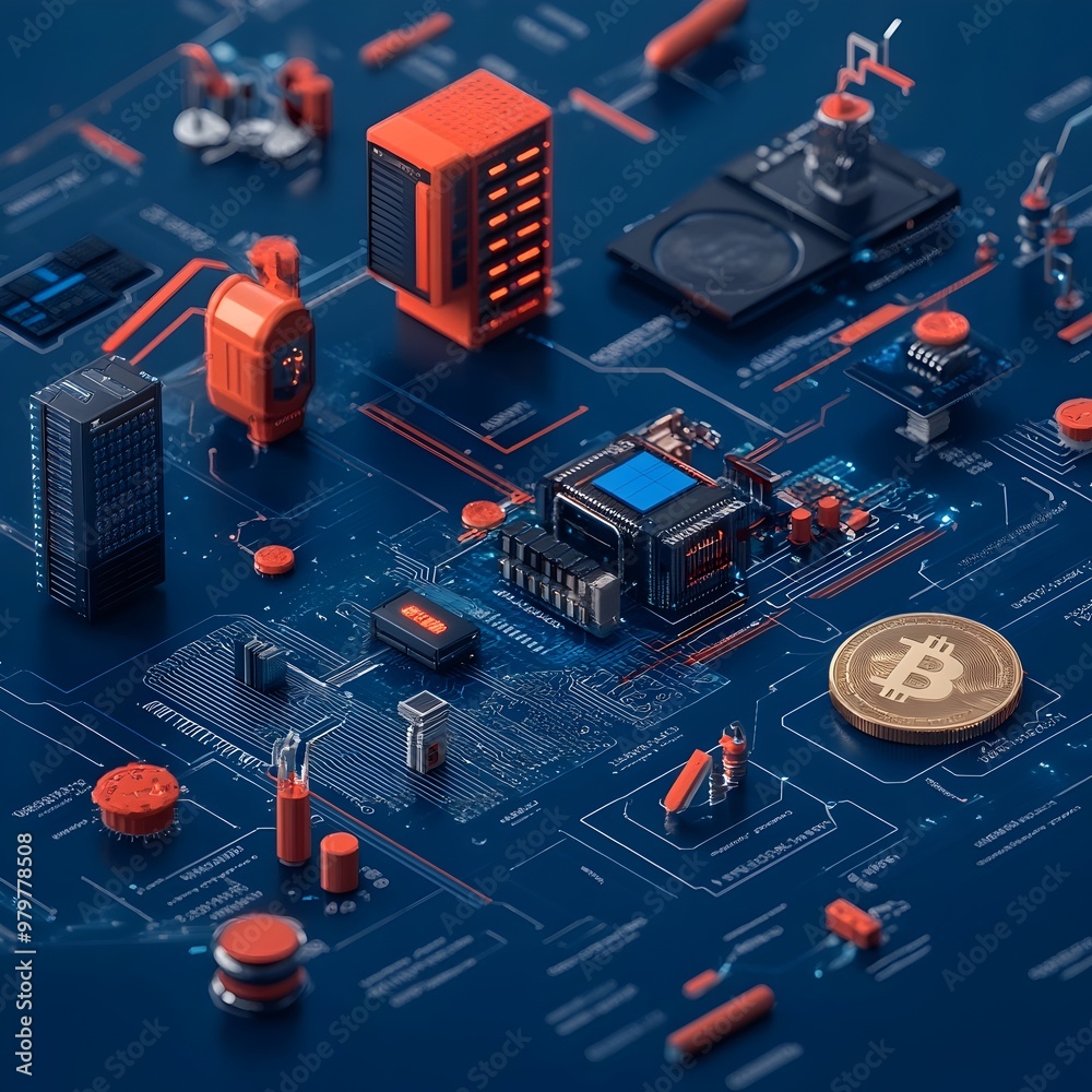Poster Isometric Blockchain Technology   Cryptocurrency and Blockchain Systems with Servers Transactions and Tokens