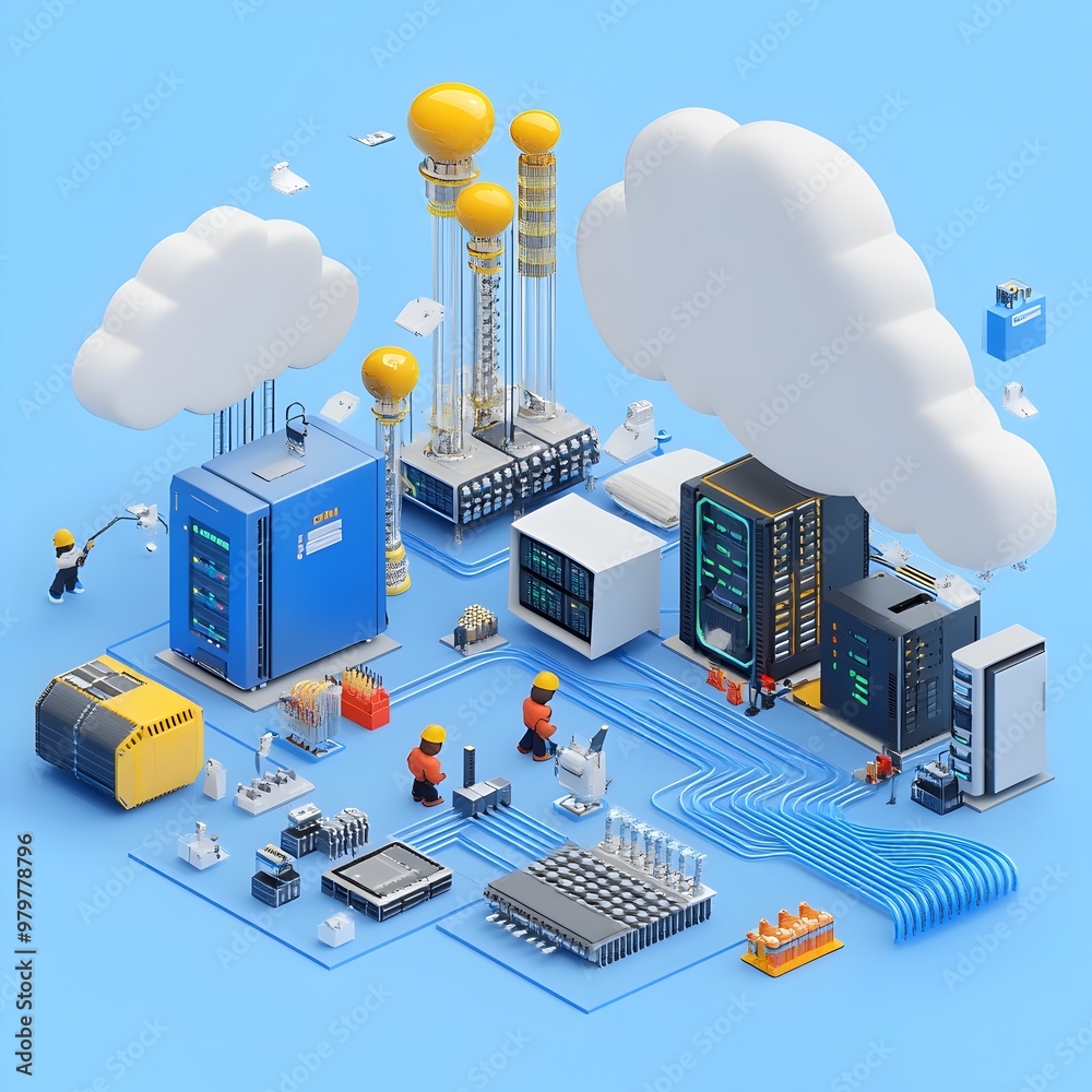 Leinwandbilder isometric cloud computing infrastructure landscape with servers and network connections
