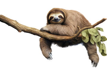Fototapeta premium Sloth hanging lazily from a branch in the jungle, symbolizing slow-moving wildlife ,Isolated on transparent background.,Isolated on transparent background