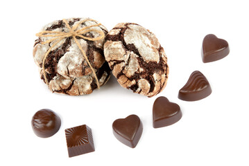Chocolate cookies and chocolate candies isolated on white. Collage.