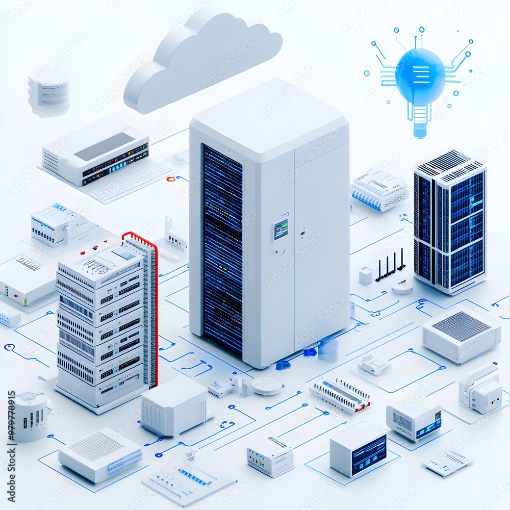 Aufkleber Isometric Cloud Computing Infrastructure Servers Data Centers and Network Connections in a Futuristic Tech Landscape