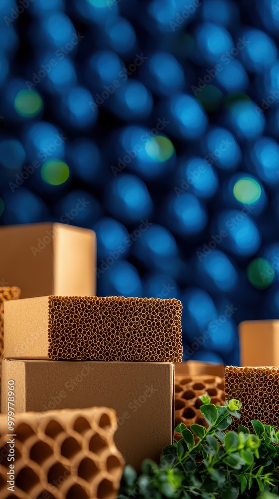 Fototapete abstract composition of cardboard boxes with unique textures, set against a vibrant blue background,