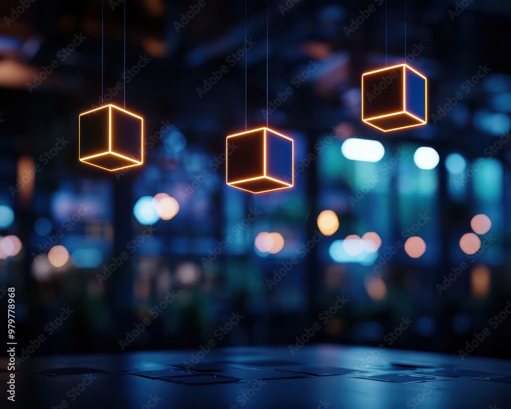 Poster Abstract hanging light cubes in a dark, ambient setting create a modern and stylish atmosphere, ideal for various design projects.