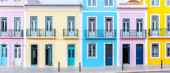 Fototapeta premium A street in Lisbon lined with houses decorated with colorful azulejos, each facade a unique display of floral, geometric, and narrative patterns in shades of blue, yellow, and green